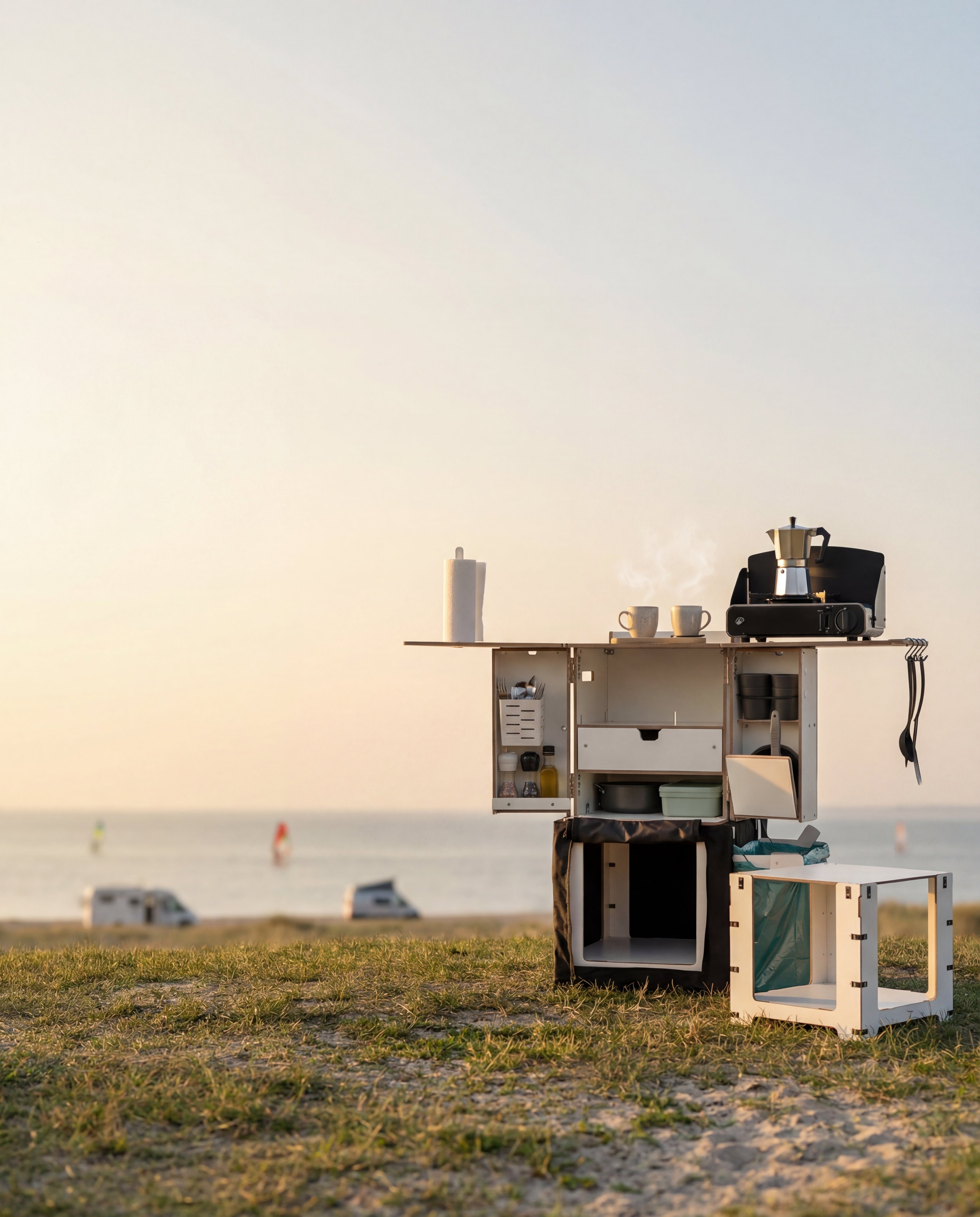 Camping Box as a camping kitchen by the sea with cooking equipment
