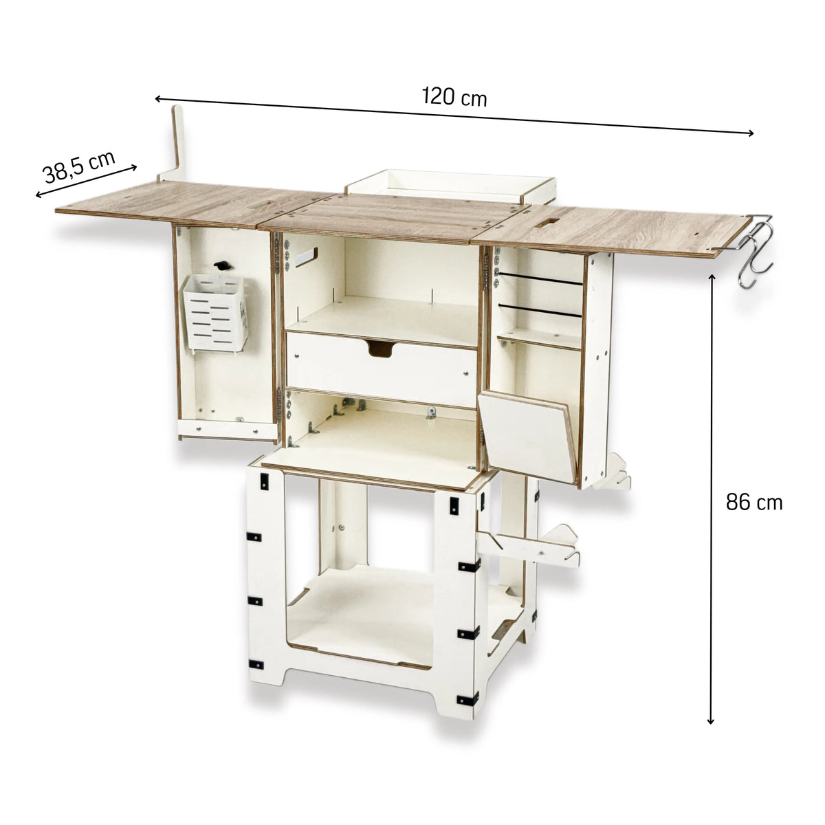 Dimensions of the unfolded Camping Box kitchen with worktops: 120 cm x 38.5 cm x 86 cm