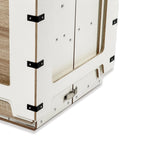 Technical fittings, metal corners and locking latch on the fold-out Camping Box