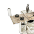 Fold-out side worktop with paper towel holder in the camping cabinet